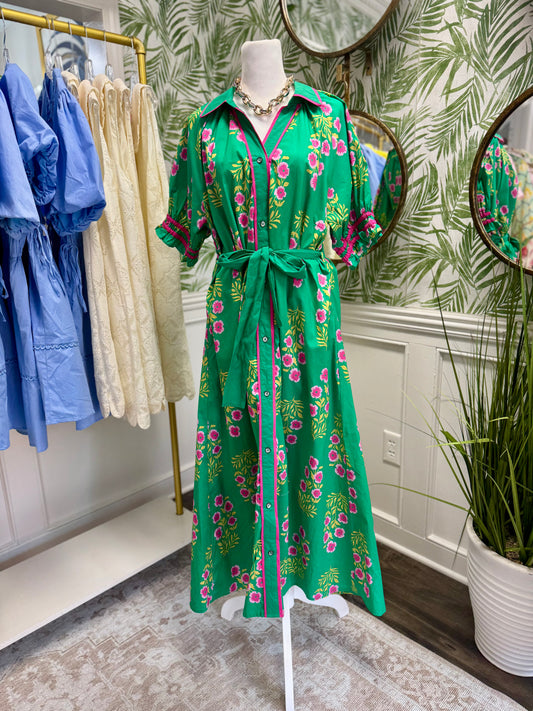 Green Floral Midi Dress w/ Waist Tie