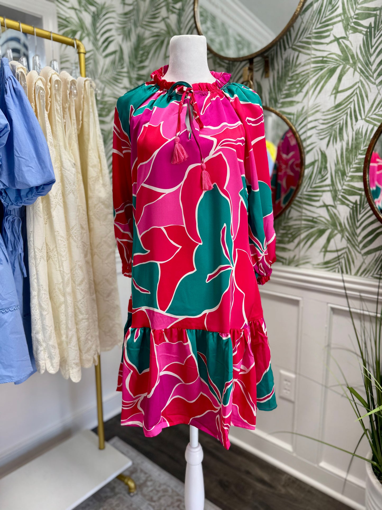 Abstract Print Ruffle Neck Dress