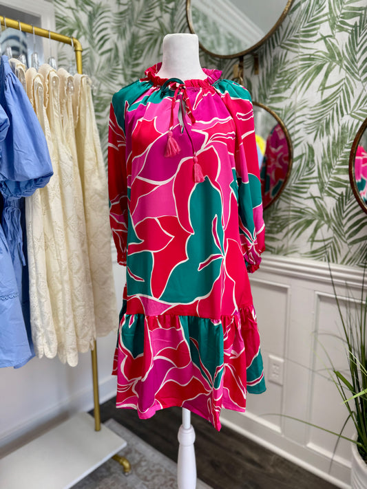 Abstract Print Ruffle Neck Dress