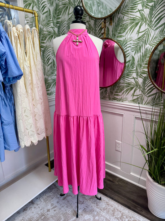 Pink Shimmer Halter Maxi Dress