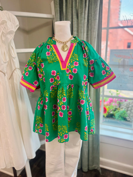 Green Floral Babydoll Top