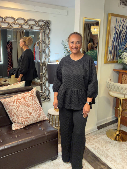 Quilted Peplum Knit Top & Wide Pants Set