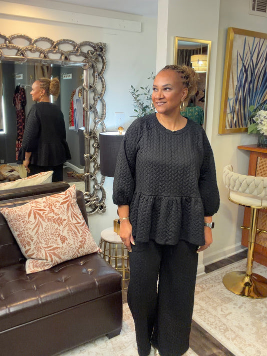 Quilted Peplum Knit Top & Wide Pants Set