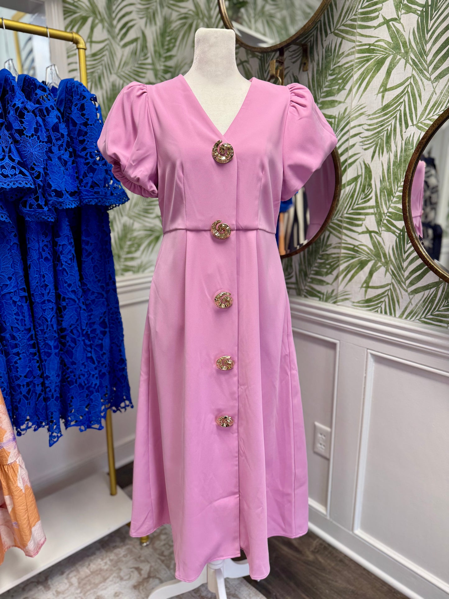 Pink Puff Sleeve Midi Dress With Gold Buttons