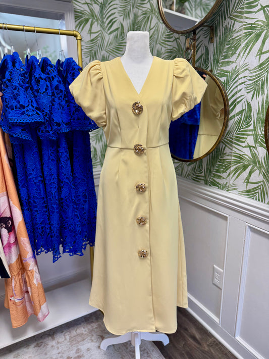 Yellow Puff Sleeve Midi Dress With Gold Buttons