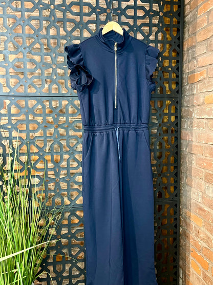 Navy Blue Zip Ruffle Jumpsuit