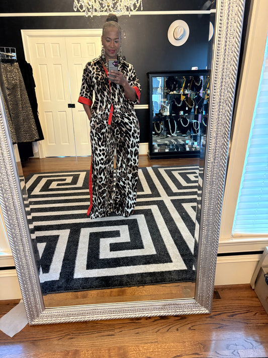 Leopard 3/4 Sleeves Blouse with Red