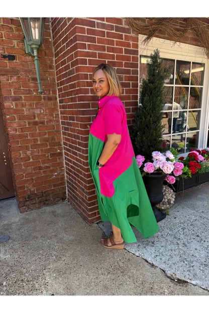 Pink and Green Asymetrical Hem Dress