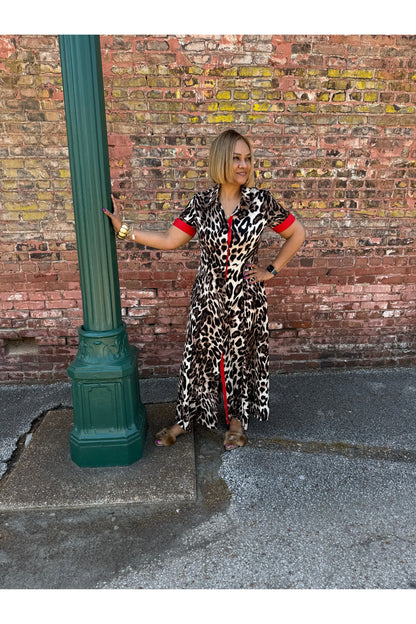 Maxi Leopard Dress with Red Details