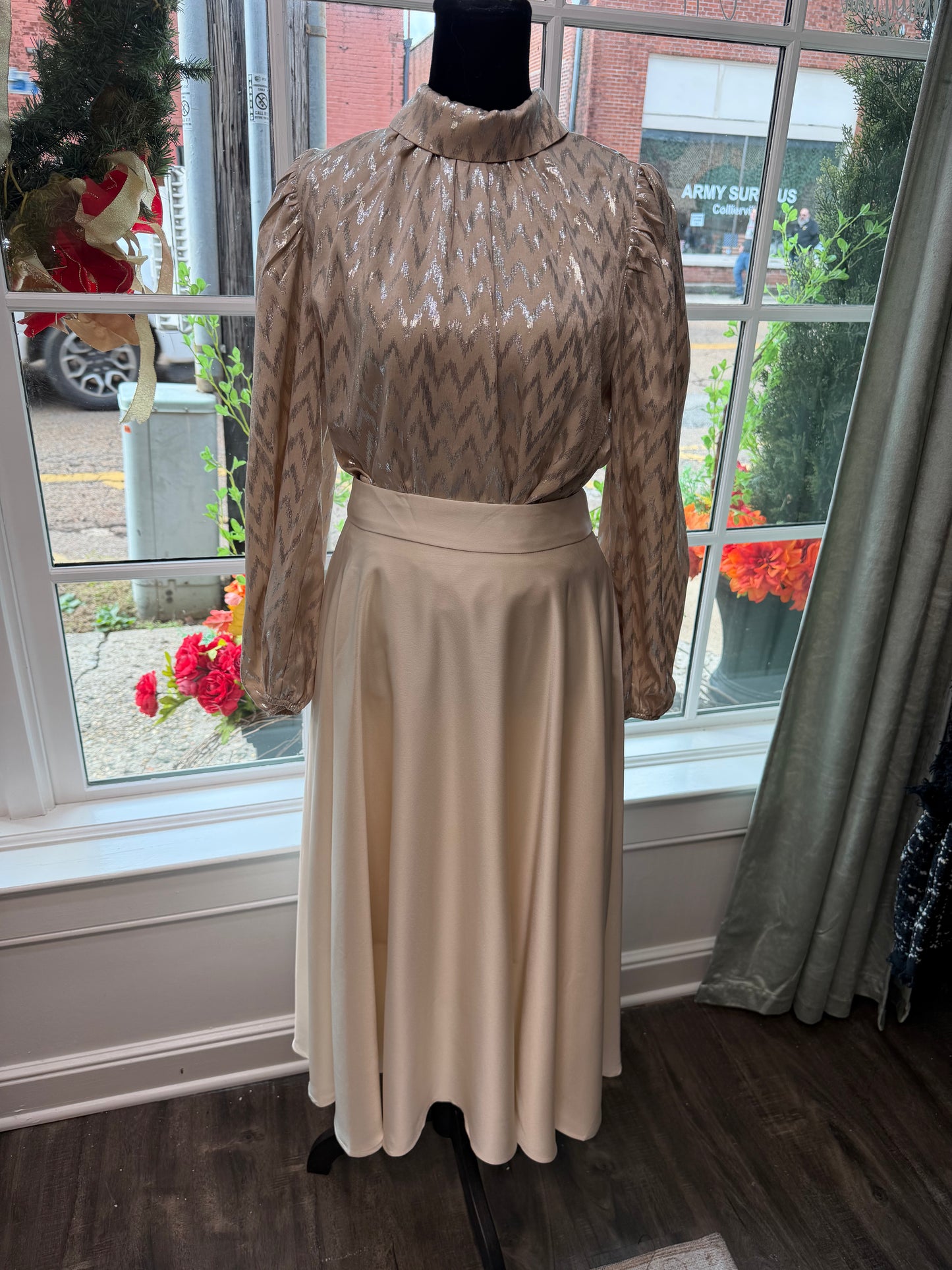 Metallic Pattern Mock Neck Blouse Top