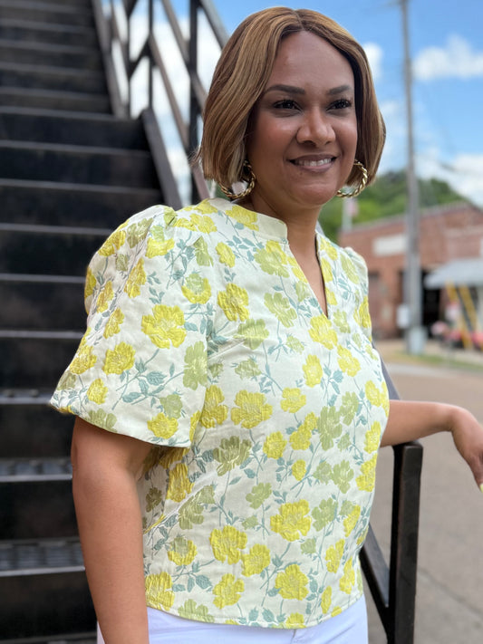 Quinn Yellow Floral Jaquard Puff Sleeve Top