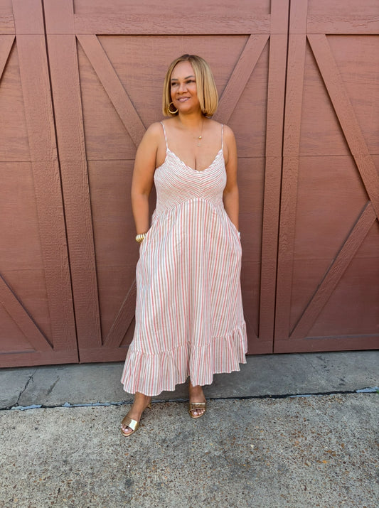 Striped Smocked Bodice V-neck Dress