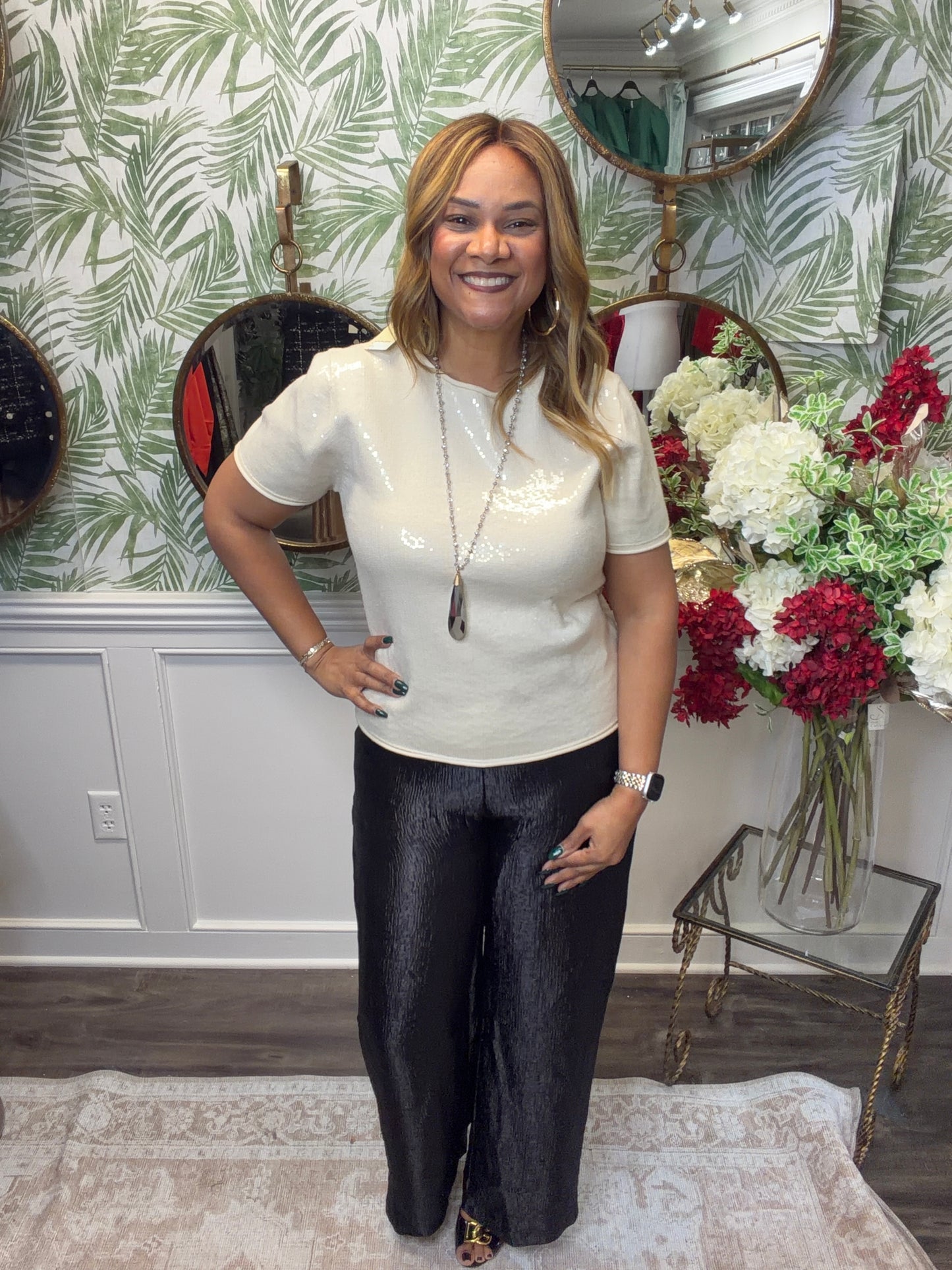 Samantha Sequin Cream Short Sleeve Top