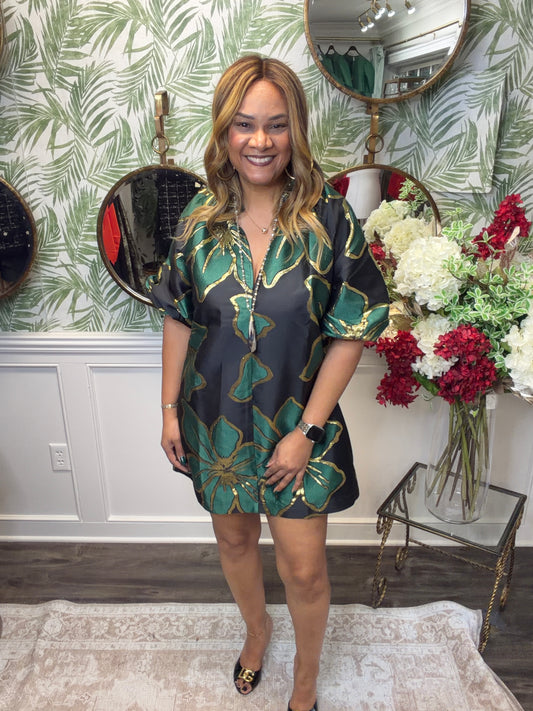 Green Metallic Flower Dress