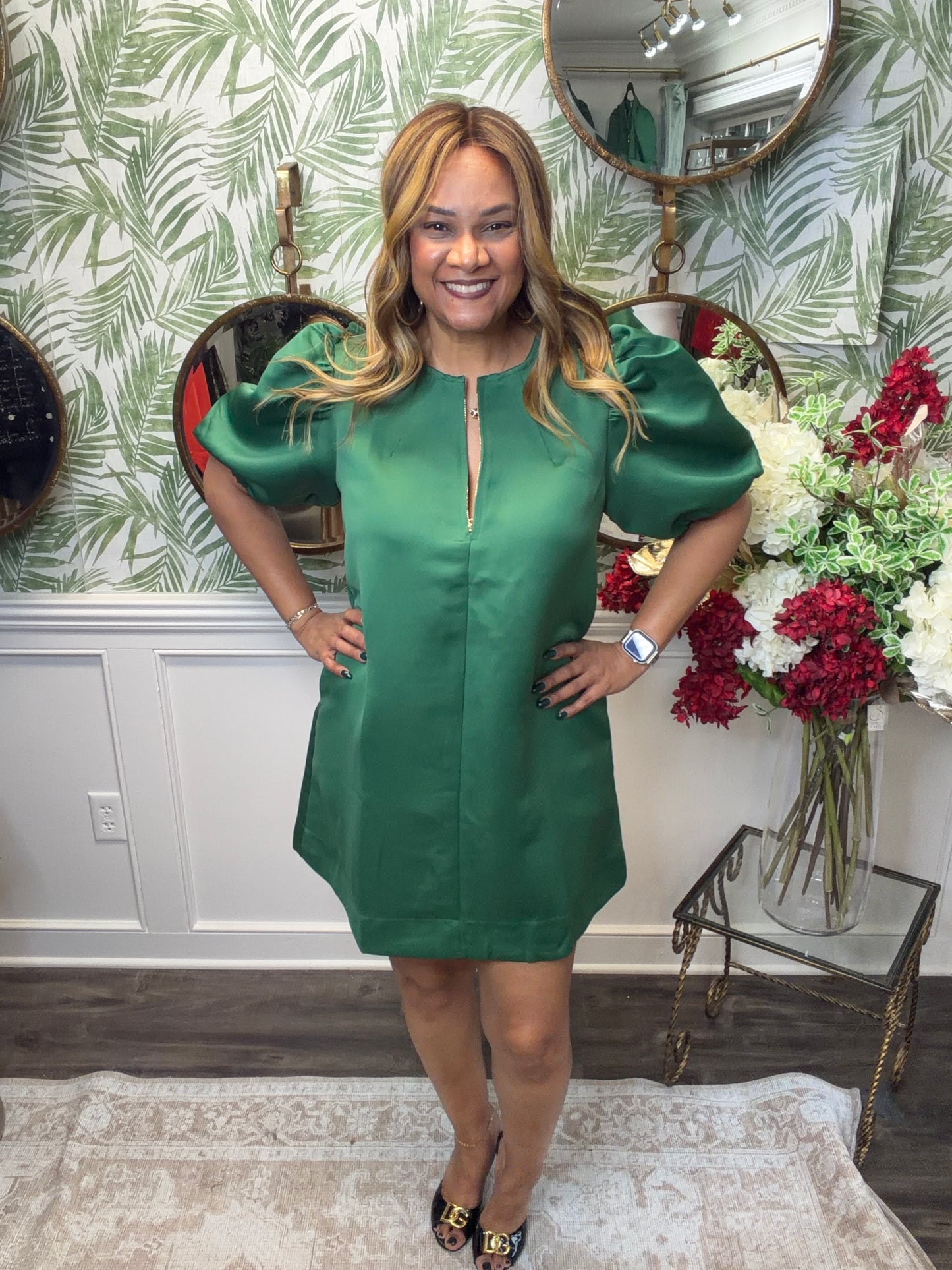 Hunter Green Puff Sleeve Dress