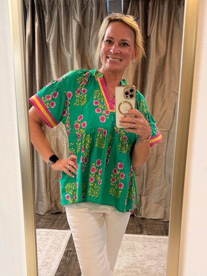 Green Floral Babydoll Top