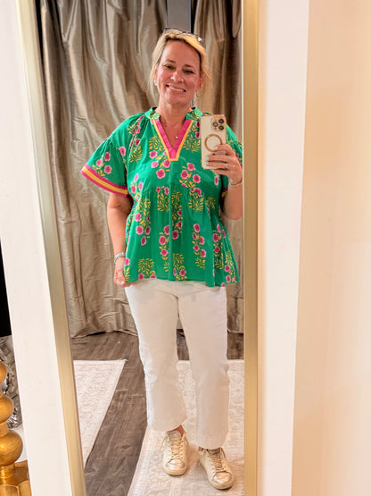 Green Floral Babydoll Top