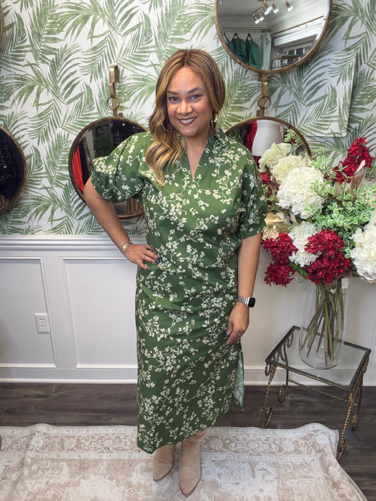 Olive Floral Midi Dress