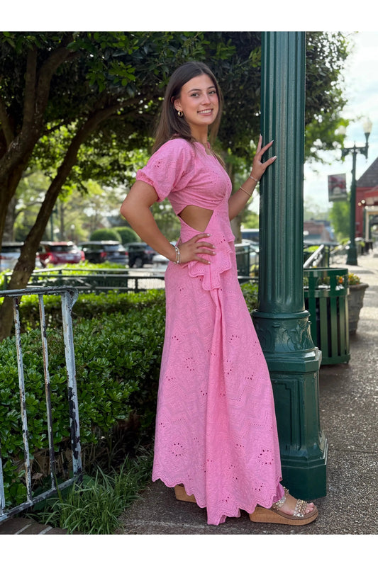 Carmen Pink Eyelet Maxi Dress