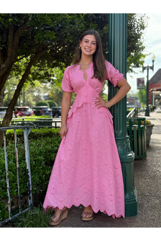 Carmen Pink Eyelet Maxi Dress