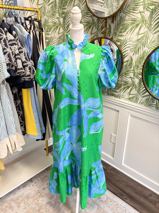 Audrey Botanical Puff Sleeve Midi Dress