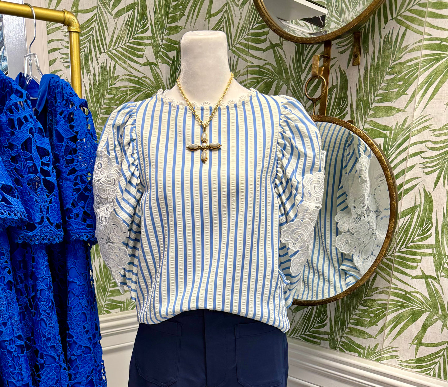 Striped Lace Puff Sleeve Top