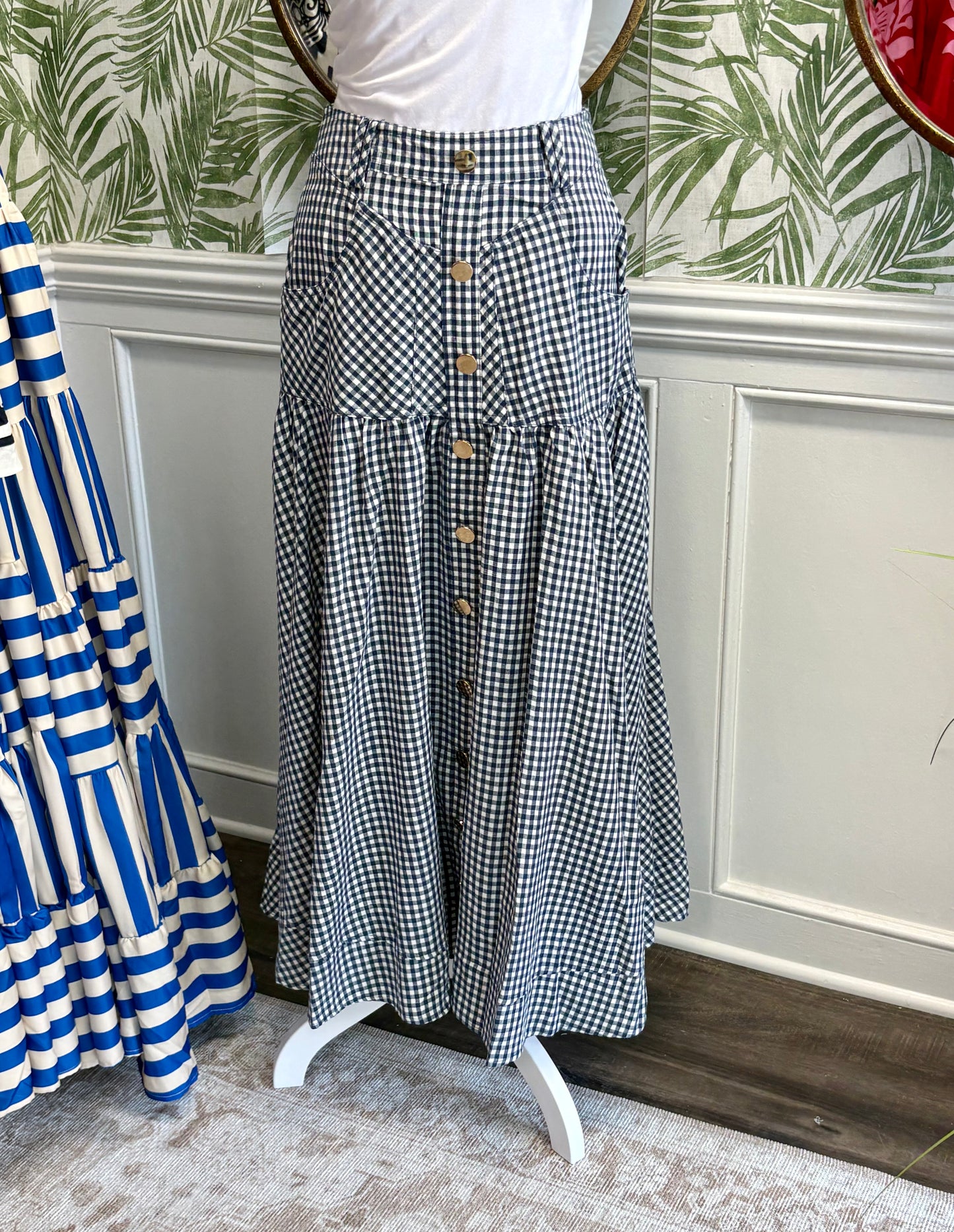 Vickie Navy Gingham Maxi Skirt