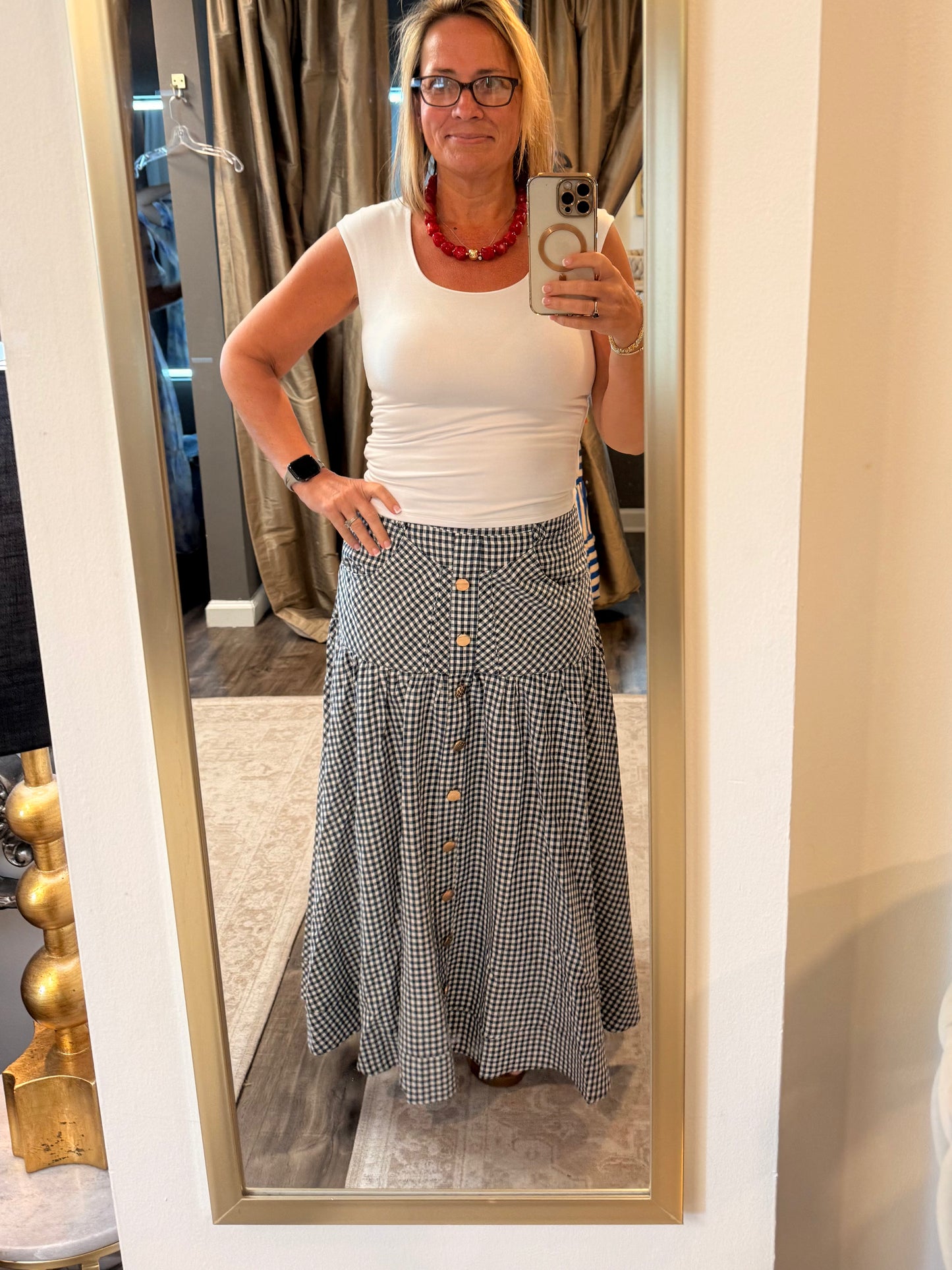 Vickie Navy Gingham Maxi Skirt