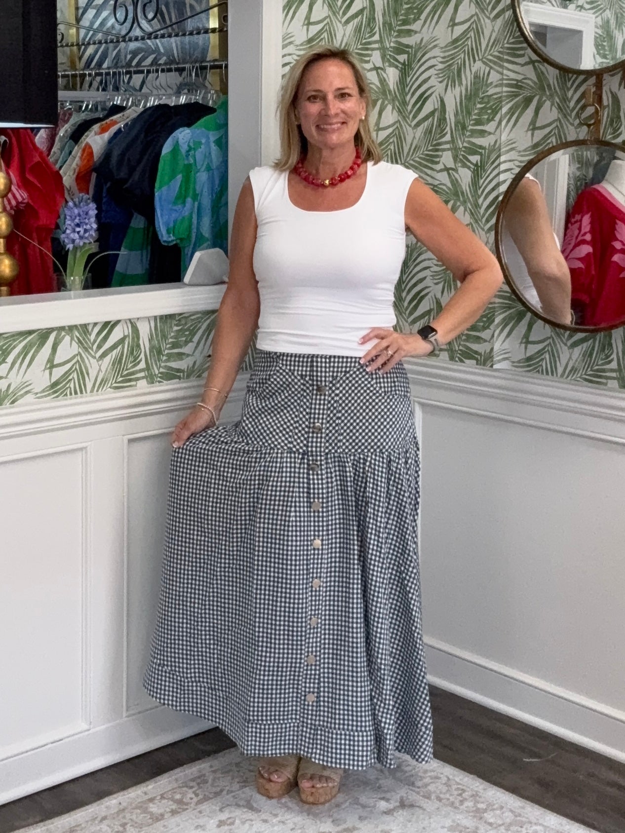 Vickie Navy Gingham Maxi Skirt