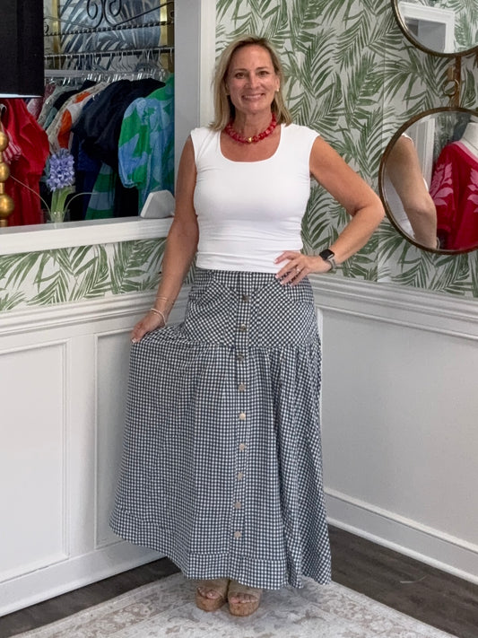 Vickie Navy Gingham Maxi Skirt