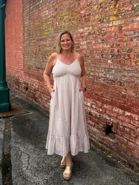 Striped Smocked Bodice V-neck Dress