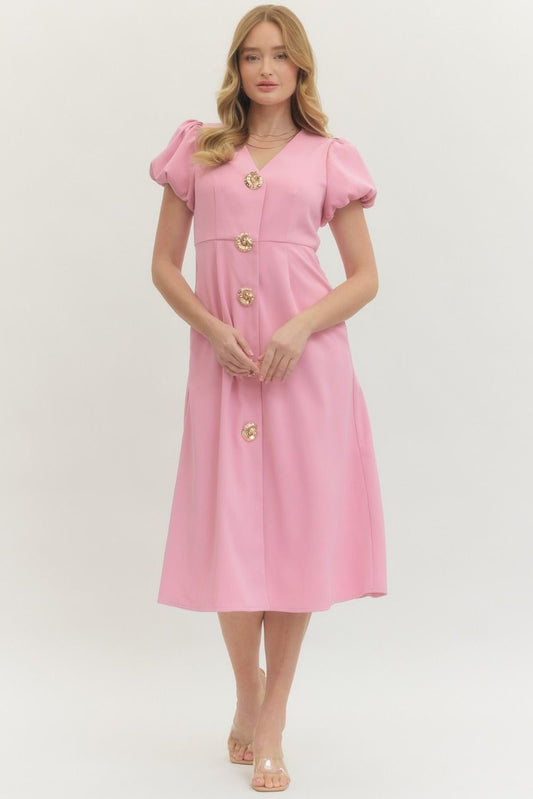 Pink Puff Sleeve Midi Dress With Gold Buttons