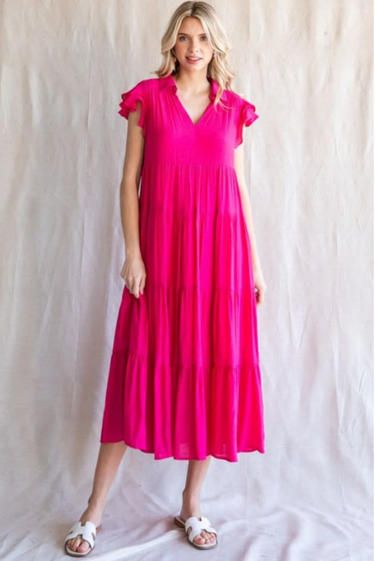 Long Ruffle Dress- Hot Pink