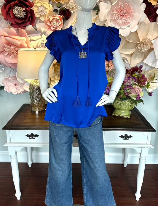Ruffle Shoulder Sleeve Shirt- Royal Blue