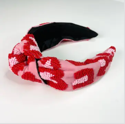 Preppy Pink and Red Leopard Hand Beaded Luxury Knot Headband