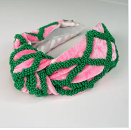 Preppy Pink and Kelly Green Seed Beaded Lattice Headband