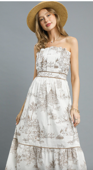 Toile Print Latte Midi Dress