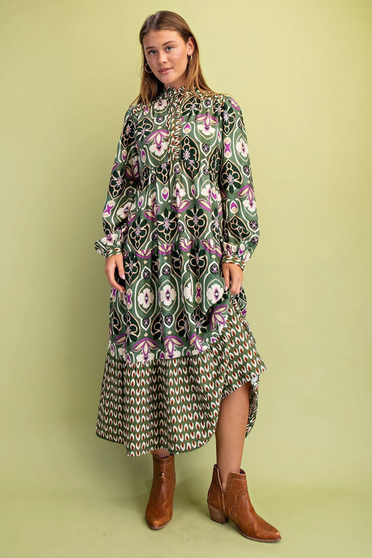 Tonya Olive Mix Midi Dress