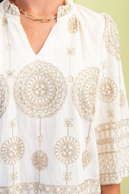 Metallic Embroidered 3/4 Sleeve Top