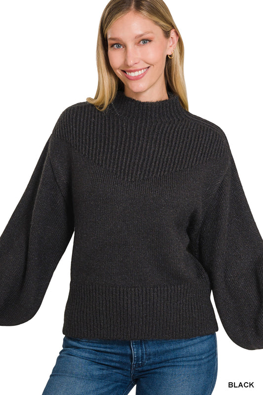 Balloon Sleeve Mock Neck Sweater