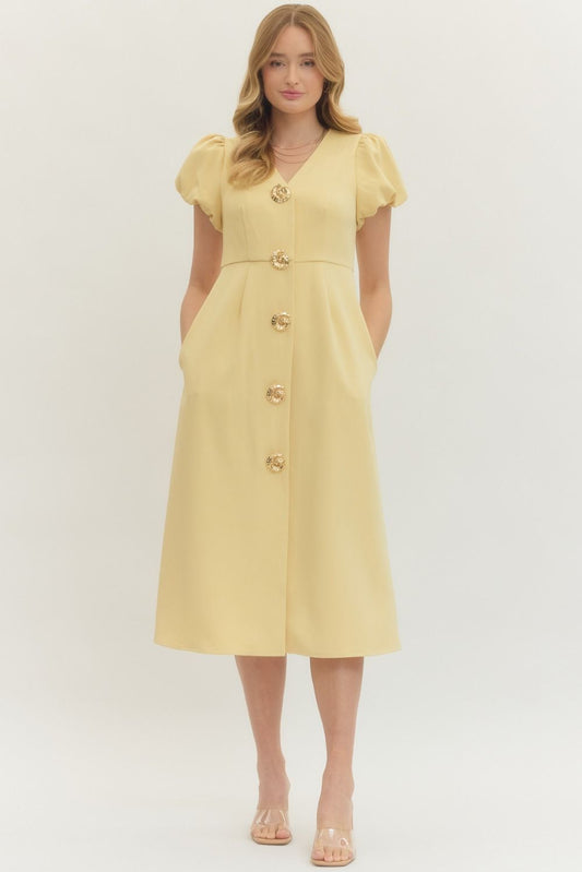 Yellow Puff Sleeve Midi Dress With Gold Buttons