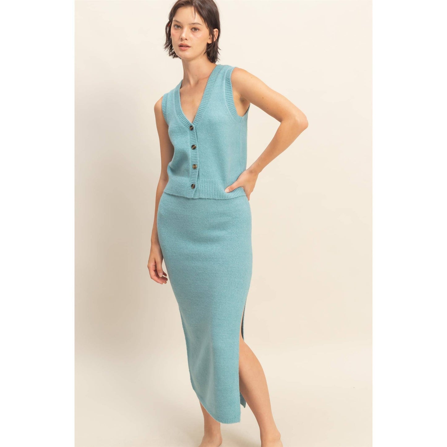 Button Front Vest & Midi Skirt Knit Set: SAGE GREEN