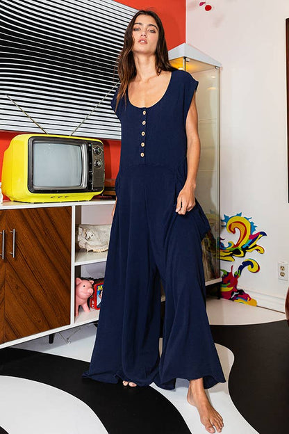 Scoop Neck Wide Leg Solid Jumpsuit: LIME GREEN / S-M-L (2-2-2)