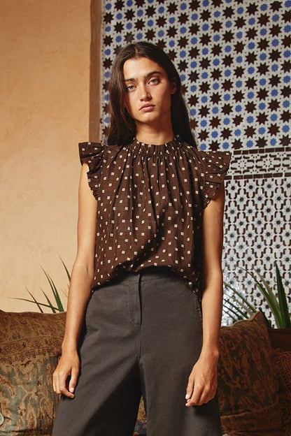 Pretty Ruffle Neck And Shoulder Blouse: BROWN