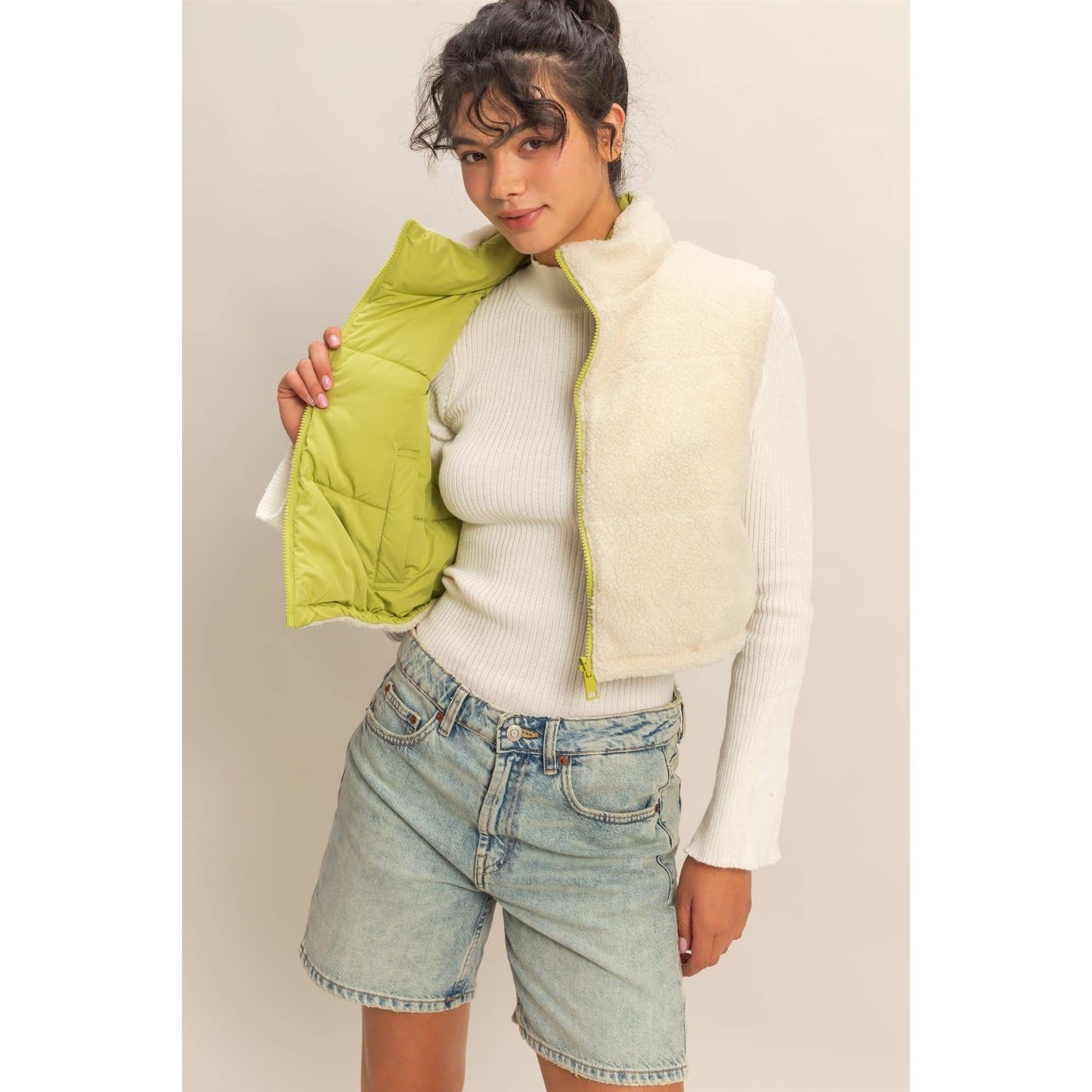 Reversible Puffer Vest: PALE OLIVE / S-M-L(2-2-2)