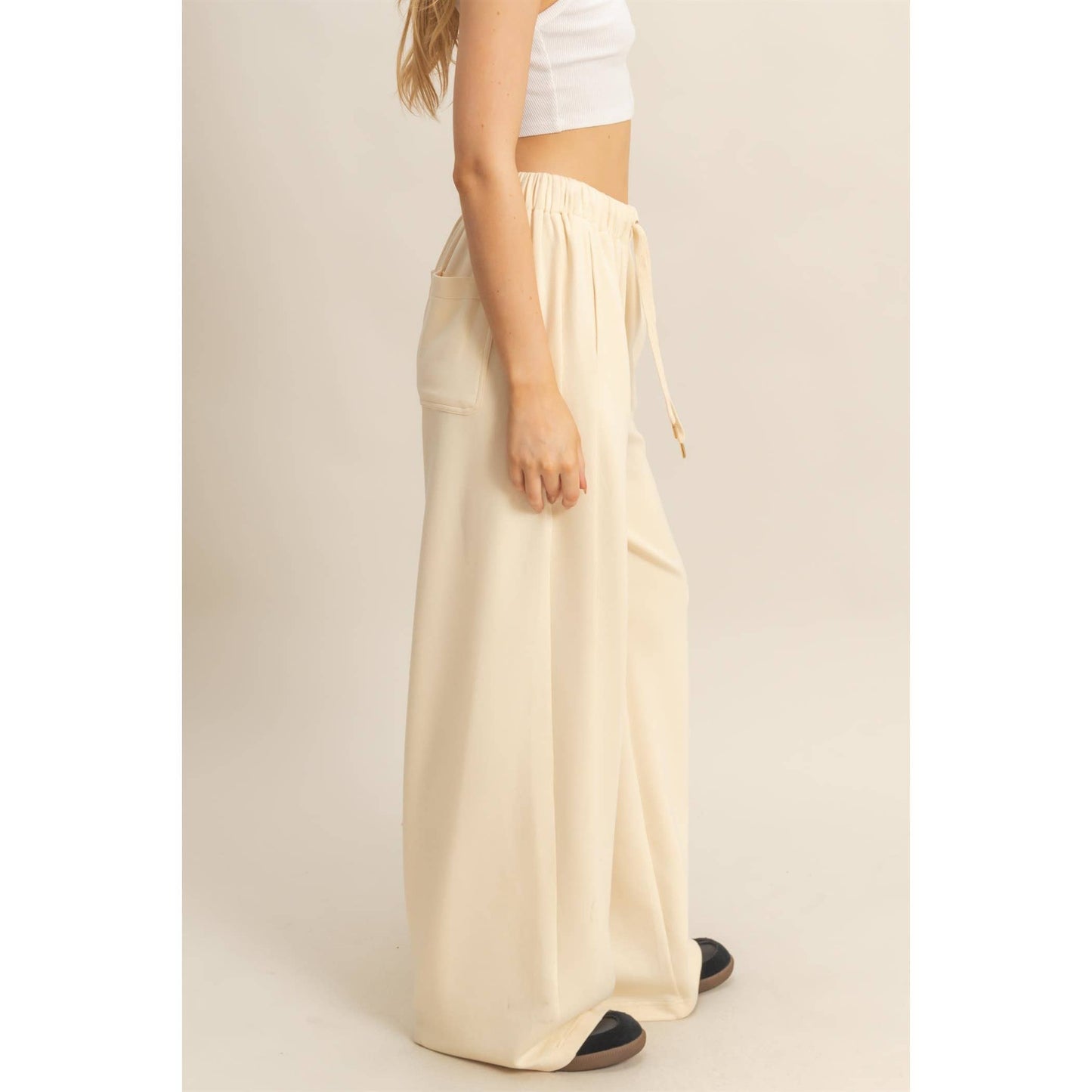 Knit Wide-Leg Trousers With Drawstring Waist: SAGE GREEN / S-M-L(2-2-2)