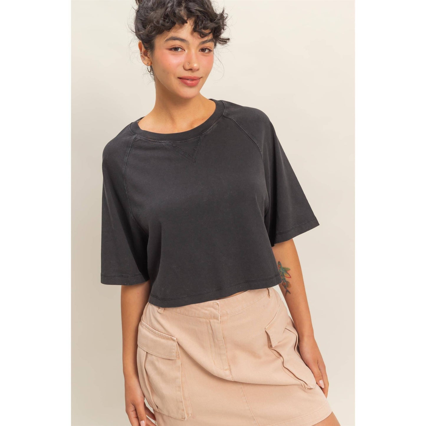 Short Sleeve Mineral Washed Cropped Tee: DARK TAUPE / S-M-L(2-2-2)
