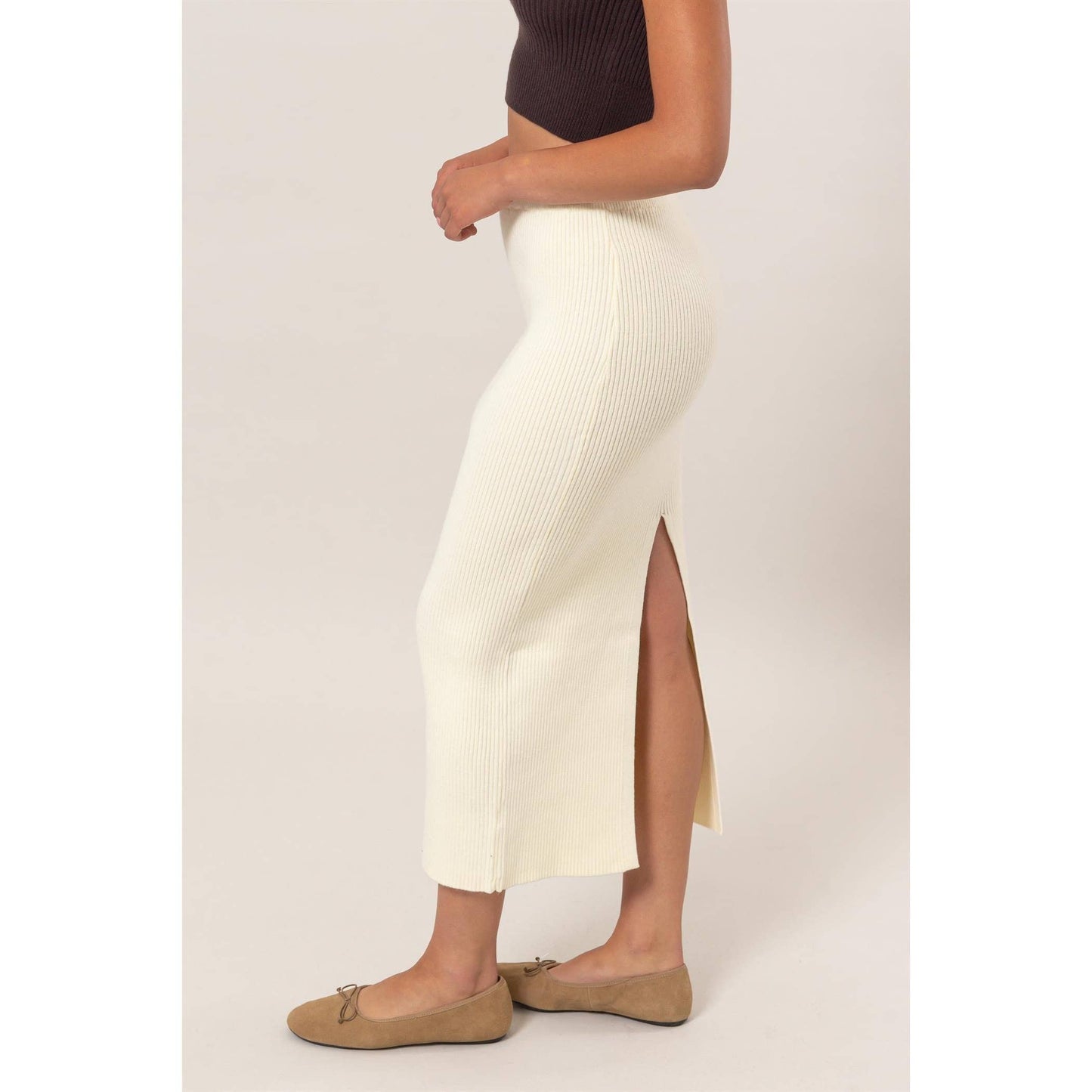 Ribbed Knit Midi Skirt: CREAM / S-M-L(2-2-2)