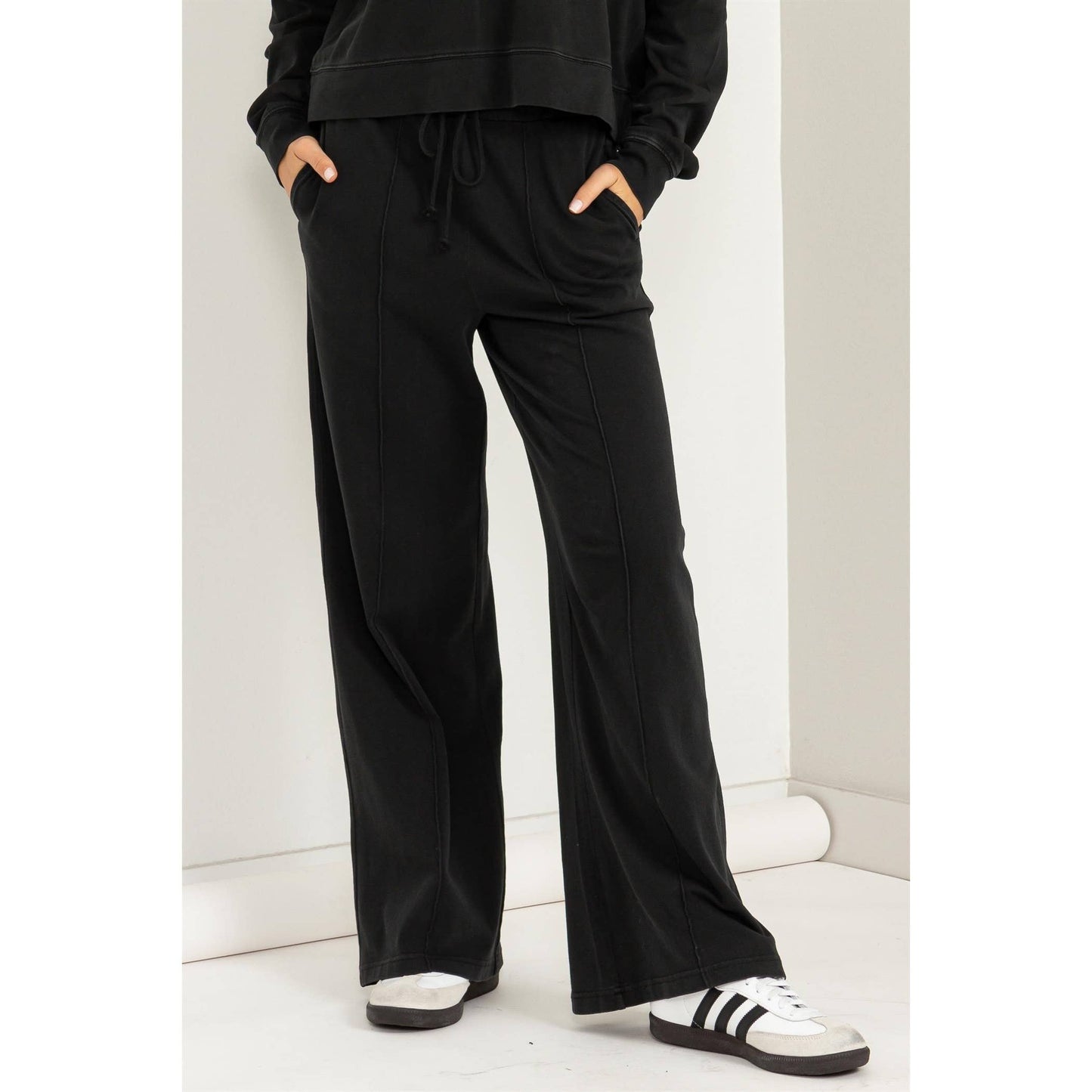 High Waist Drawstring Wide Leg Pants: DUSTY PINK / S-M-L(2-2-2)