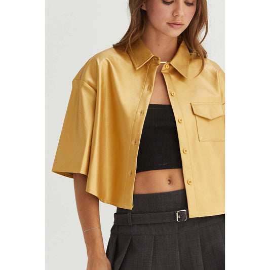 Faux Leather Button-Down Cropped Shirt: ECRU / S-M-L(2-2-2)